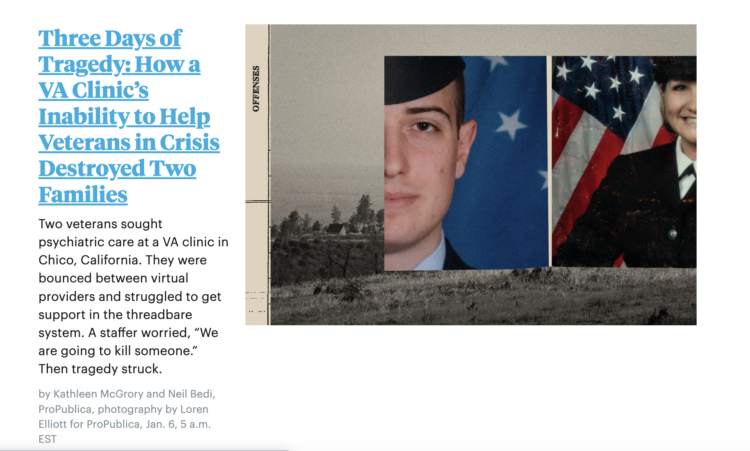 Lead image and headline of project by ProPublica on system failuires in treating military veterans struggling with mental health issues